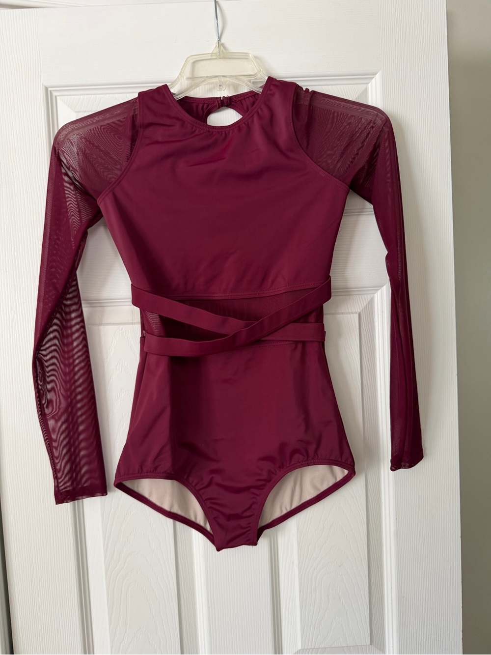 balera Long Sleeve Wine Red Dance Bodysuit with Sheer Sleeves
